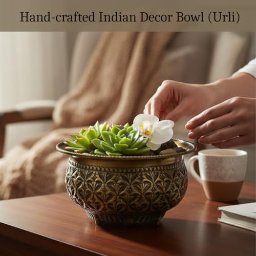 Image of Decorative Brass Chitai 7 inches Urli | Table Centerpiece Flower Floating Bowl | Urali for Mandap, Haldi, Mehendi, Wedding, Reception Decor | Brass Antique | 1000ml
