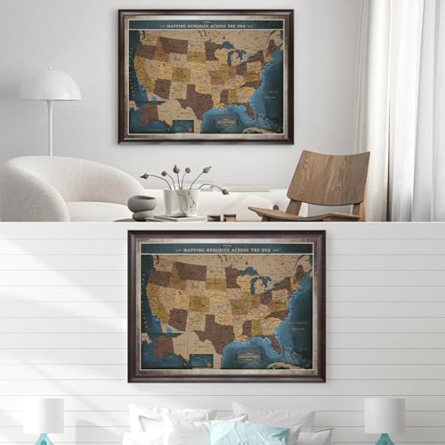 Image of DECORARTS - Personalized Framed USA Push Pin Travel Map in Deep Blue, Refined Vintage Explorer Style, Custom Name or Phrase, Blue Canvas Wall Art for Living Room or Office, Made in USA