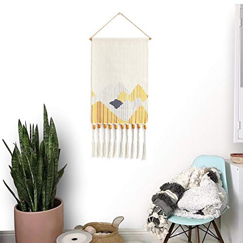 Khoyime Hand Woven Pendant Tapestry Yellow&Beige Macrame Wall Hanging Aztec Home Decor Boho Chic Abstract Mountain Wall Art Decorative Accessory For Apartment Dorm Room Backdrop (Yellow-Mountain-) #TOP1