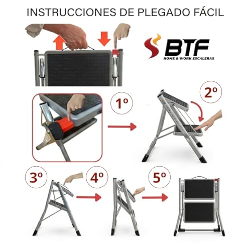 Miniatura 3 de Btf Mini Escalera Plegable De 2 Peldaños De 20x30 Cm - 20cm De Profundo, Goma Antideslizante Y Asa De Sujetación Medidas Cerrada 49,5x3,6x54,5 Cm Certificada Gs Tüv Rheinland En14183 Carga De 150 Kg