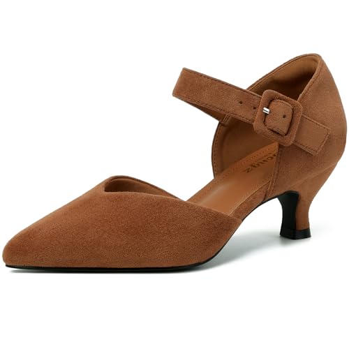 RIBONGZ Comfortable Kitten Heels for Women Pointed Closed Toe Ankle Strap Buckle Heels Slip on Low Heel Church Pumps Wedding Bridal Party Dressy Shoes