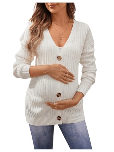 BEAUDRM Women's Maternity Cardigan Sweater Textured Button Down Long Sleeve V Neck Sweater Tops...