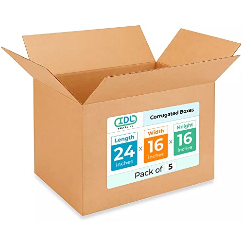 Extra Large Shipping &amp; Moving Boxes 24 x 16 x 16 inches (5-Pack) - Extra Strength 200 lb vs Regular - Corrugated Strong Packing Boxes for Moving - Large Cardboard Box by IDL Packaging