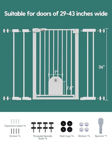 Babelio 36\" Tall Auto Close Baby Gate with Small Cat Door, 29-43\" Metal Cat Gate for Doorway, Stairs, House. Easy Walk Thru Dog Gate with pet Door, Includes 4 Wall Cups and 3 Extension Pieces, White