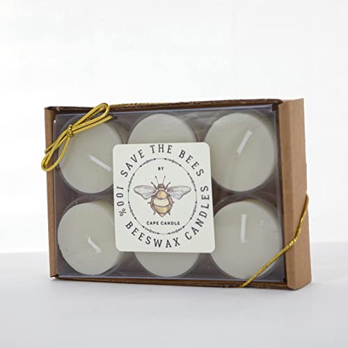 100% Beeswax TEALIGHTS (Box of 6) Save The Bees by CAPE CANDLE (Ivory)