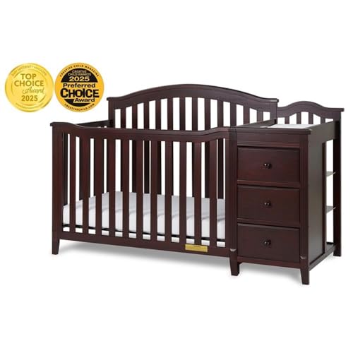 Image of Pemberly Row Solid Wood 4-in-1 Convertible Crib & Changer, Espresso Finish, Includes Changing Pad, 3 Drawers & Shelves, Adjustable Mattress Support, Space-Saving Nursery Furniture for Baby Room