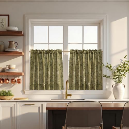 Image of TWOPAGES Rod Pocket Floral Print Cafe Curtains, Ivy Brown, 34W x 24L