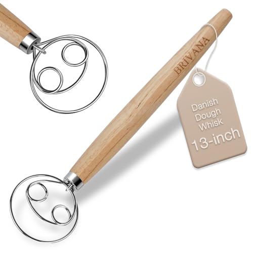 BRIVANA 13-Inch Danish Dough Whisk, Wooden Handle with Stainless Steel Double Loop Dough Hook, Dough Whisk for Sourdough, Pizza, Cake Batter