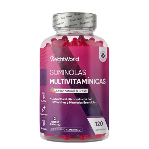 Gominolas Multivitaminas y Minerales 120 Gomitas Sabor Fresa - Con 13 Vitaminas y Minerales Esenciales como Vitamina D3, A, C, B6, B12, E, Biotina, Zinc y Ácido Fólico y Más para 2 Meses