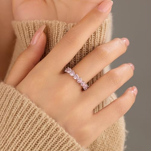 Dainty Pink Heart Rings for Women 925 Sterling Silver Promise Rings for Her Cubic Zirconia Eternity Engagement Wedding Band Purity Ring Mother Daughter Friendship Ring Birthday Christmas Gifts4