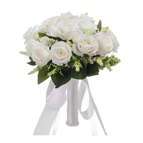 YasJess Bouquet de Mariée,Roses Artificial Flowers Bouquet Deblanc Fausse Rose Adapté au Mariage en Plein air