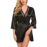Accarugty Vestaglia estiva leggera da donna, in raso, vestaglia da notte, pigiama, per lounge, feste nuziali, elegante tessuto morbido (S nero)
