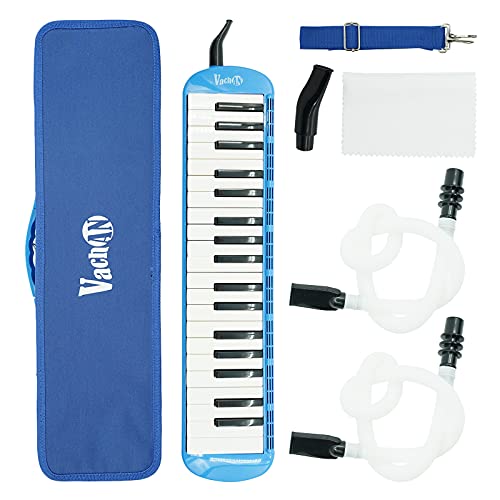 VACHAN 37 Keys Melodica Instrument, Air Piano Keyboard Soprano Melodica Musical Instrument with 2 Soft Long Tubes, Short Mouthpieces and Carrying Bag for Kids Beginners Gift,Blue