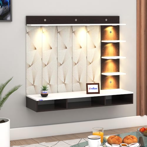 Image of Anikaa Tyron Engineered Wood Wall-Mount TV Unit with PVC Back Panel & LED Lights | TV Cabinet with Storage Box & Decorative Shelves (Wenge /White) | Ideal for TVs up to 55 Inch | DIY Installation