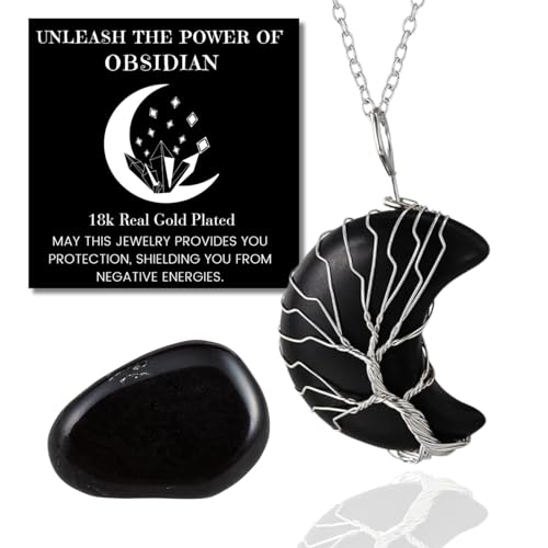 Image of HALUKAKAH Moonstone Necklace - LUNARLOVE - Handmade Platinum Plated Winding Tree of Life Wire, Natural Obsidian Moon Shape Pendants and 50cm Chain