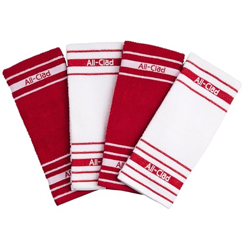 All-Clad Kitchen Towels 4-Pack, Popcorn Texture Cotton Blend Dish Towels, Highly Absorbent & Durable, Banded Stripe Design with Logo, 17x28 Inches, Chili