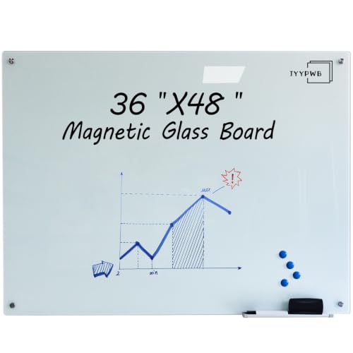 JYYPWB Magnetic Glass Whiteboard with Eraser 48" x 36" Frameless Tempered Glass Dry Erase Board with Marker Tray for Office, Wall Mounted Writing Board (White)