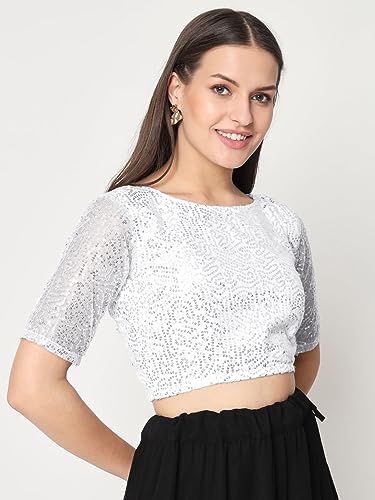 Image of studio rasa Women's Net Sequin Embroidered Sheer Sleeves Readymade Saree Blouse for Wedding Festive Party