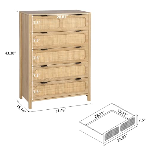 LEVNARY 5 Drawer Chest Dresser, Rattan Tall Dresser 5 Chest of Drawers for Bedroom, Wood Storage Cane Cabinet with Metal Handles, for Living Room, Hallway, Nursery (Natural) - Thumbnail 2