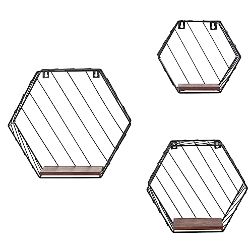 Ahdecor Wall Mounted Floating Shelves With Metal Wire Hexagon Design, Rustic Wooden Wall Organizer Hanging Shelf, Display Small Plants Books Rack For Home Office Decor, Set Of 3 #TOP7