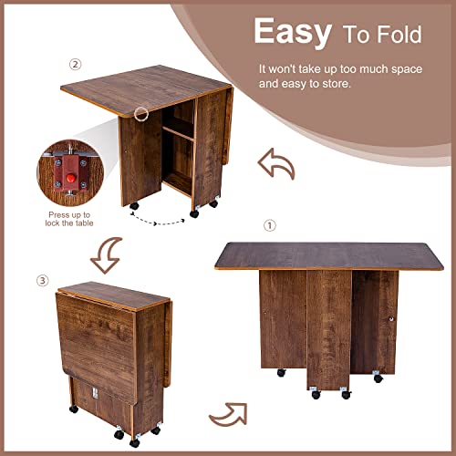 Waytrim Folding Dining Table, Versatile Dinner Table With 6 Wheels And 2 Storage Racks, Space Saving Extendable Kitchen Table - Brown #TOP5