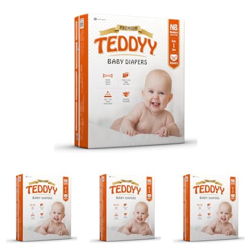Image of TEDDYY Premium Baby NB Size Diaper Tape Style | 66 Count (New Born) | 2-5 kgs (Pack of 4) | Quick Absorbency | Extra Super Soft | Anti - Bacterial | Colour Changing Wetness Indicator with Adjustable Grip Tapes
