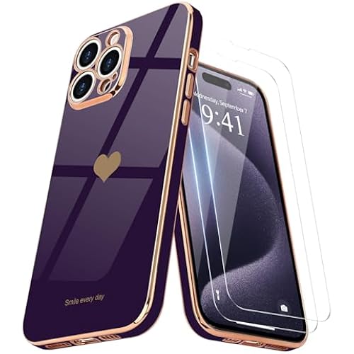 Teageo for iPhone 15 Pro Max Case with Screen Protector [2 Pack] Girl Women Cute Girly Love-Heart Luxury Gold Soft Cover Camera Protection Silicone Shockproof Phone Case iPhone 15 Pro Max, Dark Purple