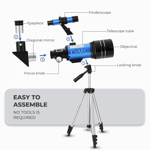 ESAKO Telescope for Kids & Beginners, 70mm Aperture Portable Telescopes with 3 Eyepieces, Height Adjustable Tripod & Phone Adapter & Remote Control