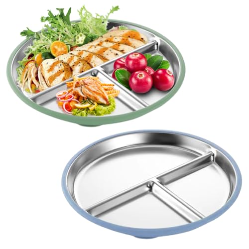 Piashow 2 Stück Edelstahl Teller Baby, Babyteller mit Saugnapf, Mit Entfernbarer Silikon Hülle für Kinder, Edelstahl Kinderteller -23CM Geteilte Kinder Teller, Nicht Rutschig, Bruchsicher & BPA-frei