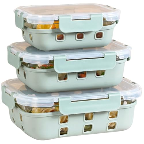 Image of Nestasia Gripso Glass Containers Set of 3 with Silicone Sleeve & Locking Lid (370ml, 600ml, 1000ml), Rectangle Food Storage Containers for Kitchen | Microwave, Dishwasher & Freezer Safe (Green)