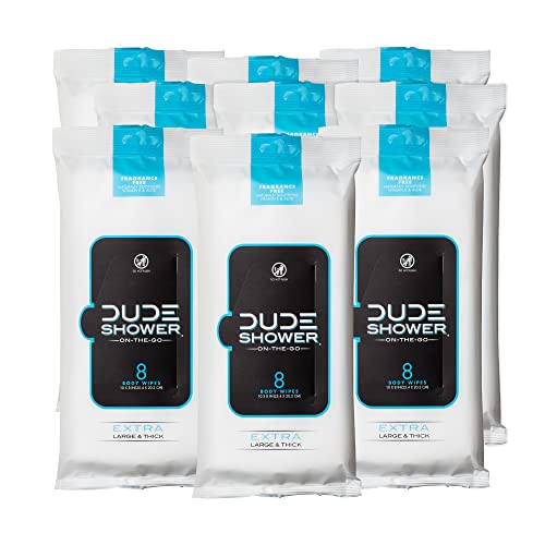 DUDE Wipes On-The-Go Shower Wipes - 9 Pack, 72 Wipes - Unscented Extra-Large Wipes with Vitamin E &amp; Aloe - Full Body Shower Replacement Wipes
