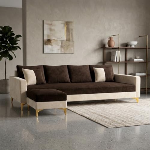 Image of Classiq Rich 5 Seater L Shape Sofa Set with Movable Ottoman | Flexible Layout | Spacious Soft Touch Seating | Designer Sofa for Living Room (Dark Brown & Cream)
