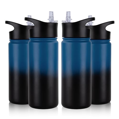 VQRRCKI 16 oz Insulated Water Bottle Bulk 4 Pack, Straw & Spout Lid, Keep Cold 24H, Spill Proof, BPA-Free, Double Wall, Stainless Steel Kids Water Bottles for School, Sports, Blue Black Gradient