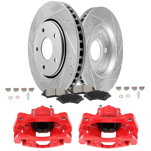 Image of SCITOO Front Brake Kit [4] Brake Pads [2] Brake Rotors [2] Brake Disc Calipers w /Bracket Compatible With 2007-2012 for Jeep for Wrangler,2012 for Ram for C /V,2009-2012 for Volkswagen for Routan