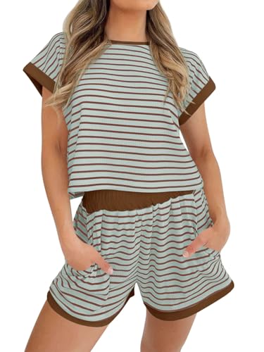 Image of Tankaneo Womens Summer 2 Piece Sets Striped Short Sleeve T Shirts and Shorts Loungewear Matching Set