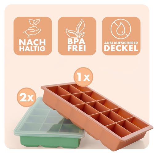 Foto von Blumtal Eiswürfelformen Silikon 3er Set - 15er Eiswürfelform mit Deckel - BPA-freie Silikon Eiswürfelform - Ice Cube Tray lebensmittelecht - Ice Tray - Olivgrün + Olivgrün + Mineral Rot