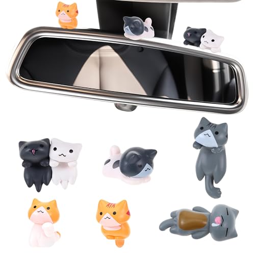 FloralGrace 6 Pezzi Accessori Auto Gatti Carini Figurine di Gatti Divertenti in Resina Decorazioni per cruscotto, specchietto retrovisore Decorativo Gattini Carini per Interni Auto