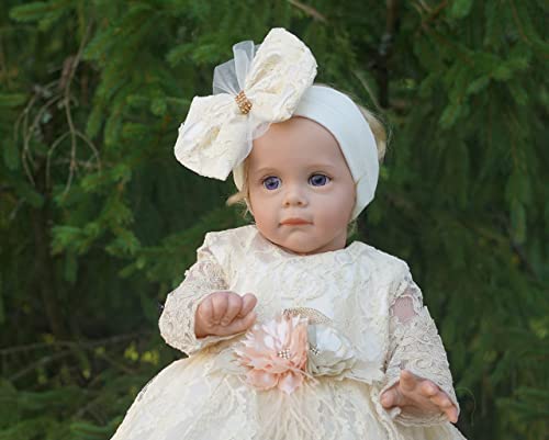 Lal & Luna Newborn Baby Girl Lace Dress Set, 4Pc Outfit For Special Occasions (Gold, Ivory) #TOP2