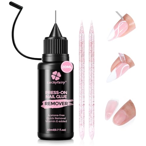Luckyfairy Pinpoint Nail Glue Remover: 20ml Press on Nail Remover with Cuticle Pusher, Gentle...