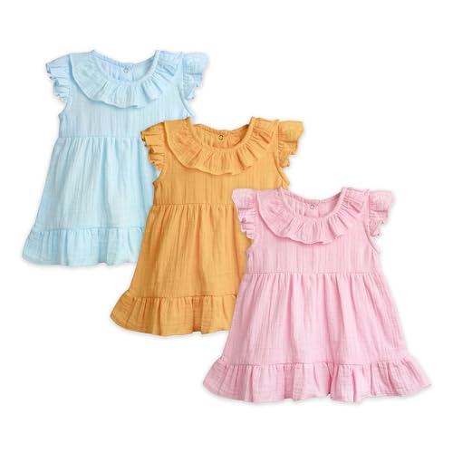 Image of Kidbea Baby Girl Cotton Summer Casual Short Ruffled Sleeve & Hem Soft Breathable Fabric Frocks Sundress Princess Dress for Kids