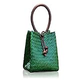 QTKJ Hand-woven Mini Retro Straw Handbag Bag Summer Beach Boho Rattan Tote Travel Bag with Wood...