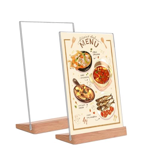 Kisstta Transparenter Acryl Doppelseitige Menükartenhalter Schräg L aufsteller mit Holzsockel für Restaurants Hochzeitsparty Hotel Cafés (transparent)
