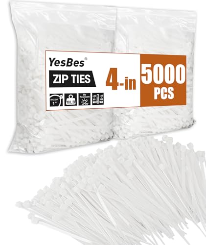 5000 PCS Zip Ties 4 Inch, Small Cable Ties with 18lbs Tensile Strength, White Zip Ties for Indoor and Outdoor Use, UV Resistant Wire Ties