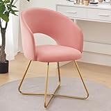 Furniliving Velvet Vanity Chair with Curved Back, Upholstered Barrel Desk Chair with Gold Legs, Mid Century Modern Accent Chair for Living Room, Dressing Room, Bedroom, Pink