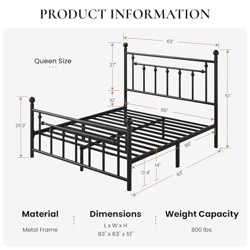 Image of SHA CERLIN 14 inch Queen Size Metal Platform Bed Frame /Victorian Headboard and Footboard /Steel Slats Mattress Foundation for Storage /No Box Spring Needed /Noise Free /Black
