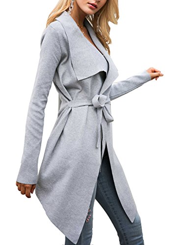 Glamaker Women's Open Front Knit Cardigan Coat Long Sleeves Sweater with Belt Gray