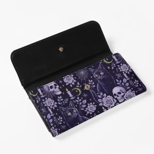 Image of AFPANQZ Halloween Womens Wallets Leather Trifold Multi Card Holder Wallet | Purple Skull Rose Print Card Holder Phone Organizer Ladies Travel Purse Hollow Out