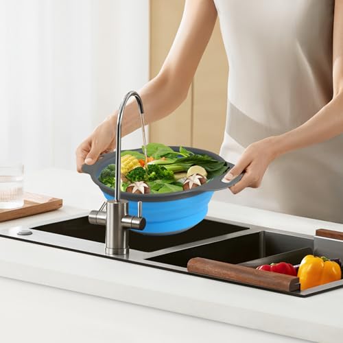 FHISKUNYU 2 szt. składany durszlak silikonowy – zestaw cedzaków kuchennych do makaronu, ryżu, owoców, warzyw – kolor niebieski