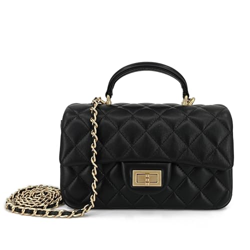 M-ioi-M Small Quilted Crossbody Bags for Women, Genuine Leather Shoulder Bags with Gold Chain Strap, Soft Lambskin Top Handle Flap Purses, Trendy Luxury Designer Lady Dressy Evening Handbags (Black)
