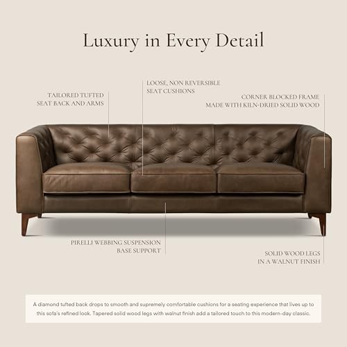 Image of Poly & BARK Essex 89 inch Full-Grain Italian Leather Sofa - Tufted Back, Feather-Down Comfort, Solid Wood Frame, Cocoa Brown